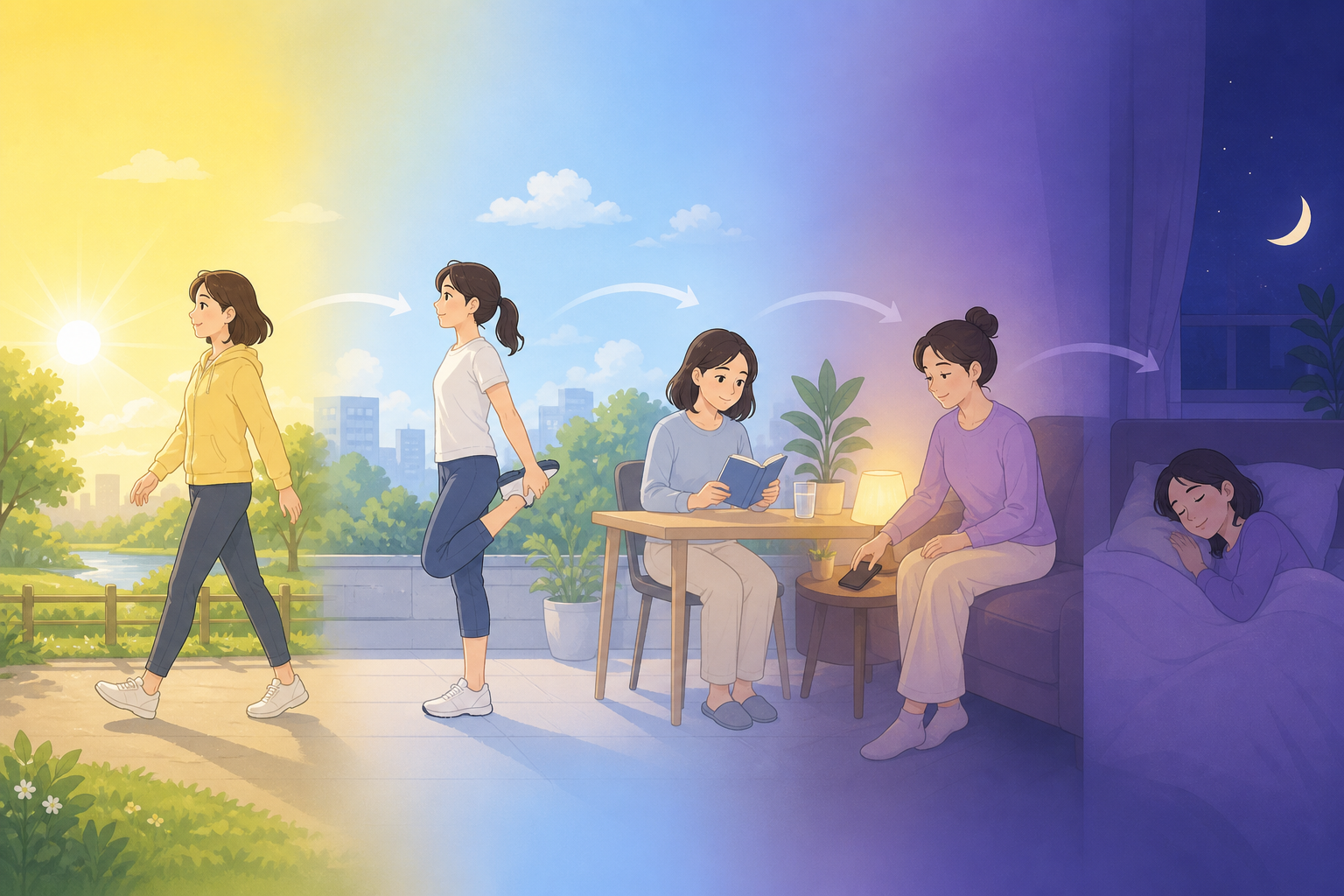 아침 산책부터 밤잠까지 하루 수면 리듬을 보여주는 일러스트
