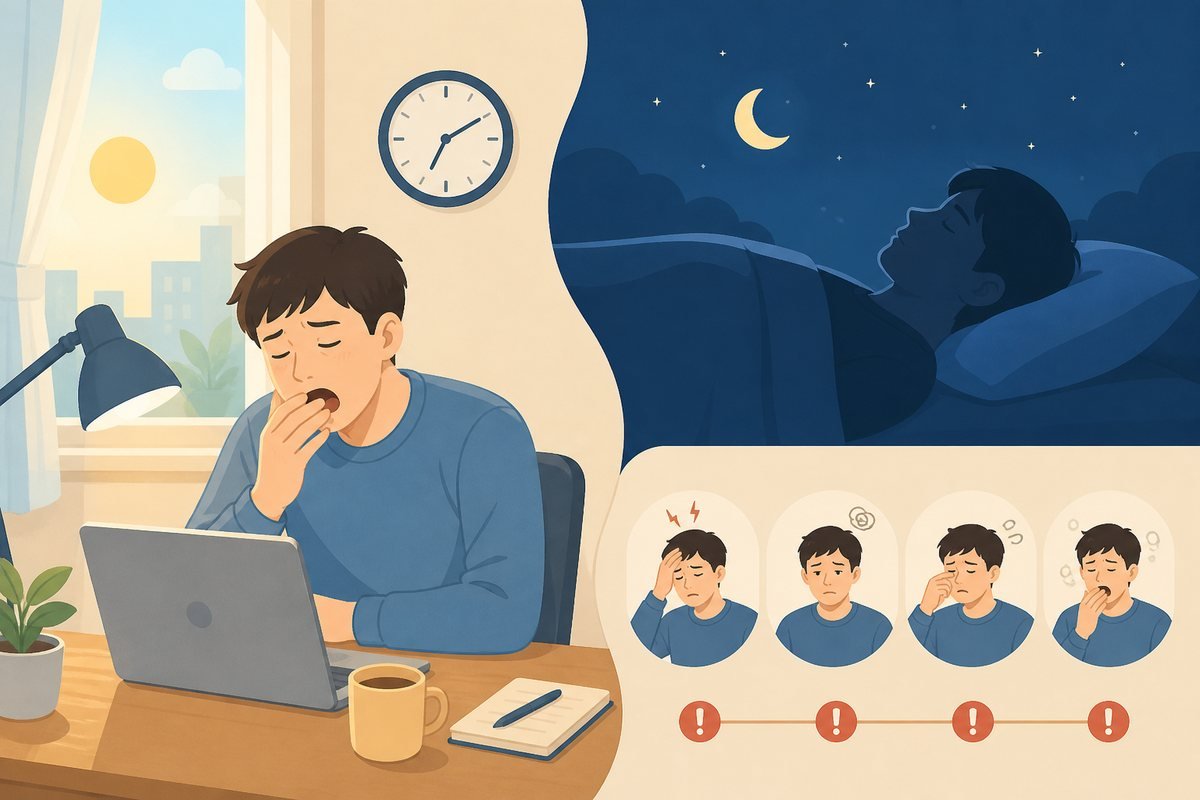 수면무호흡을 의심할 수 있는 낮 졸림과 수면 중 호흡 이상을 표현한 그림