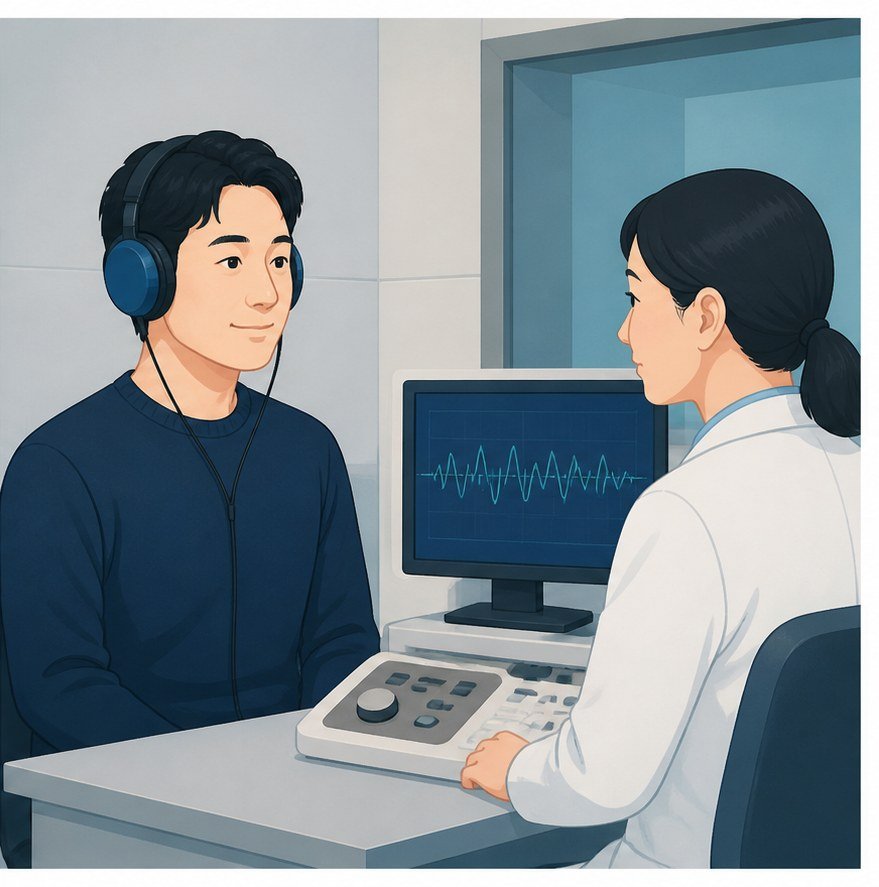 조용한 공간에서 귀의 불편함을 확인하는 사람