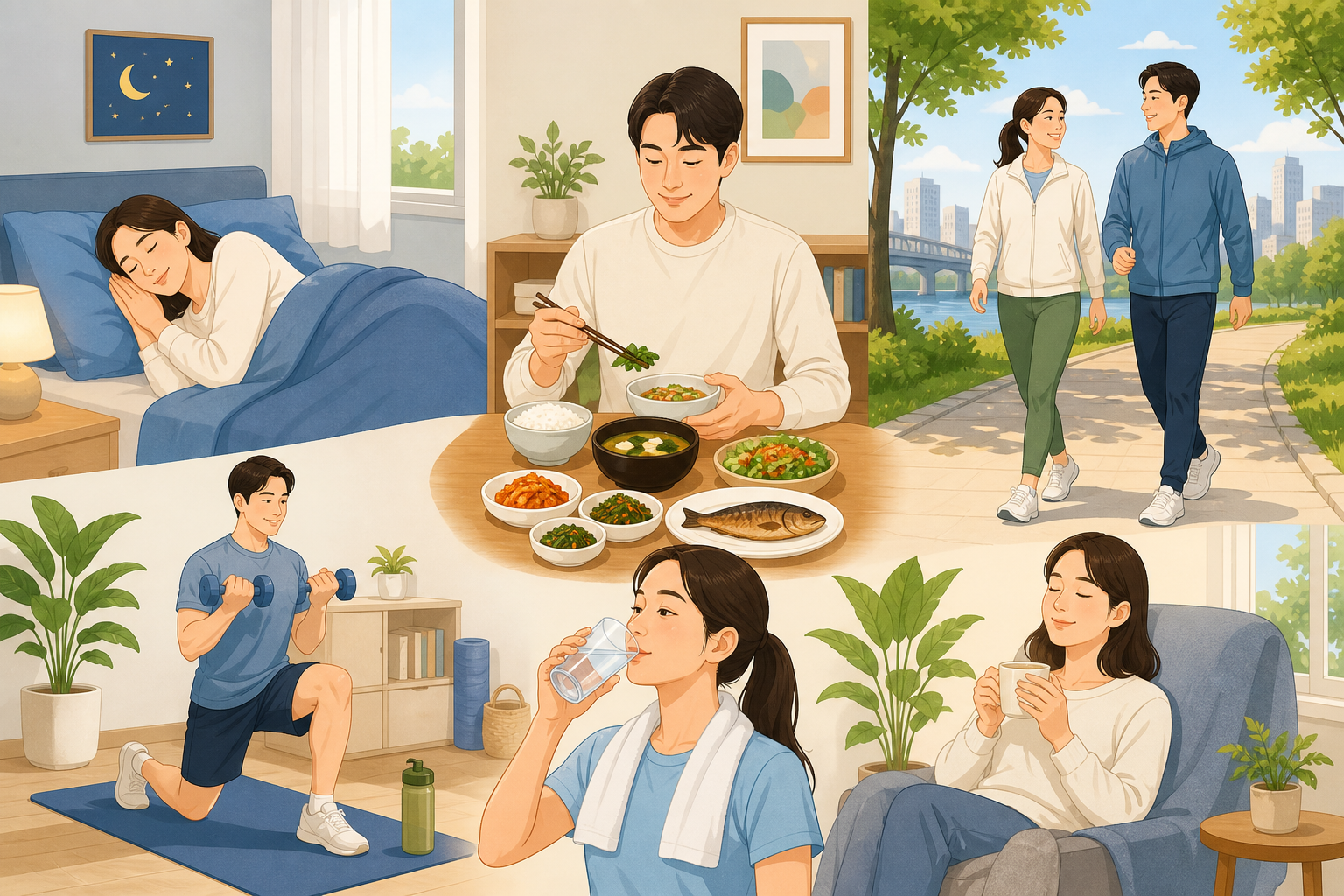 수면 식사 운동 수분 휴식으로 구성한 건강 생활 습관 점검표