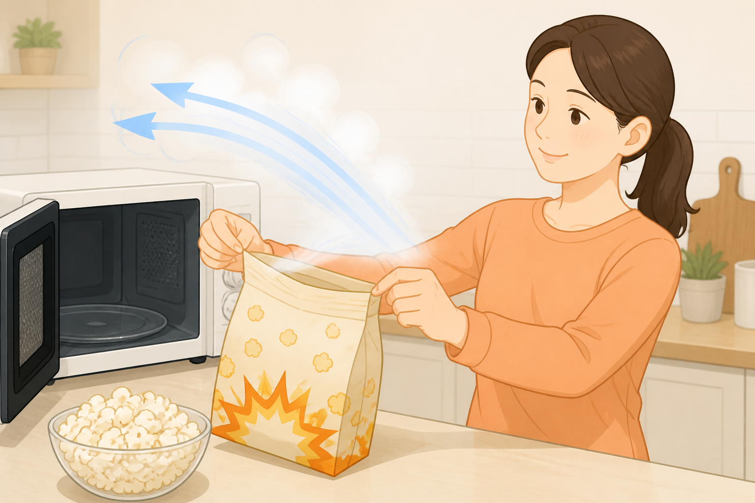 전자레인지 팝콘 봉지를 얼굴 반대 방향으로 안전하게 여는 일러스트