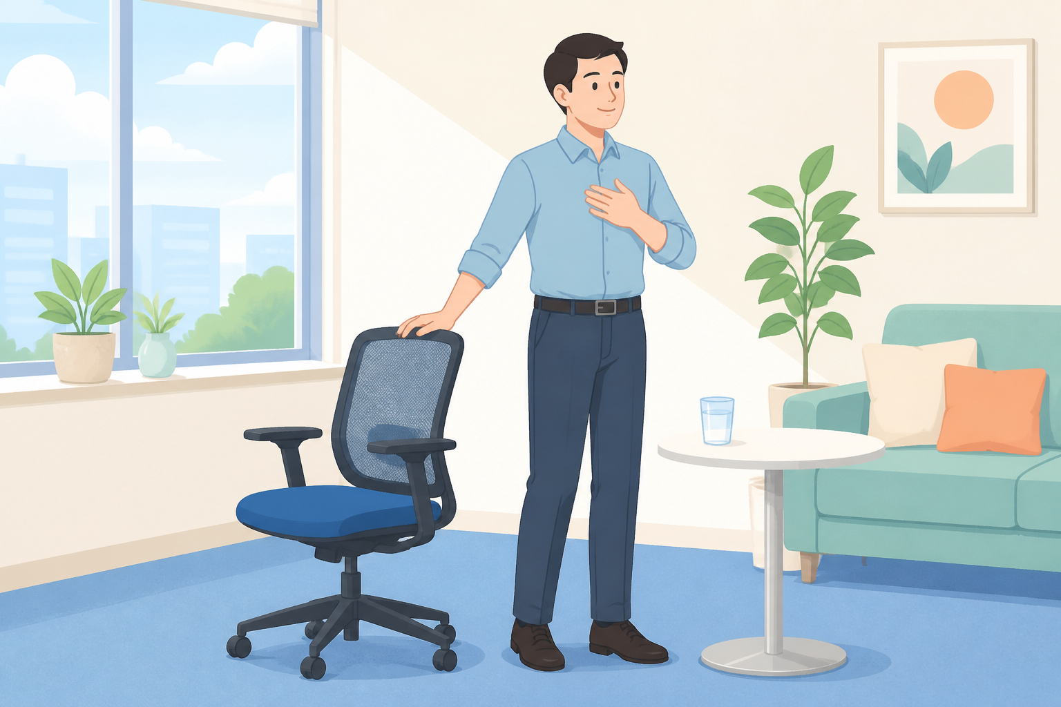 직장인이 의자 옆에서 몸 상태를 확인하며 무리하지 않고 쉬는 모습