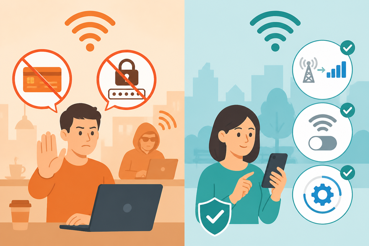 공공 와이파이에서 금융 거래를 피하고 모바일 데이터와 보안 설정을 사용하는 비교 그림